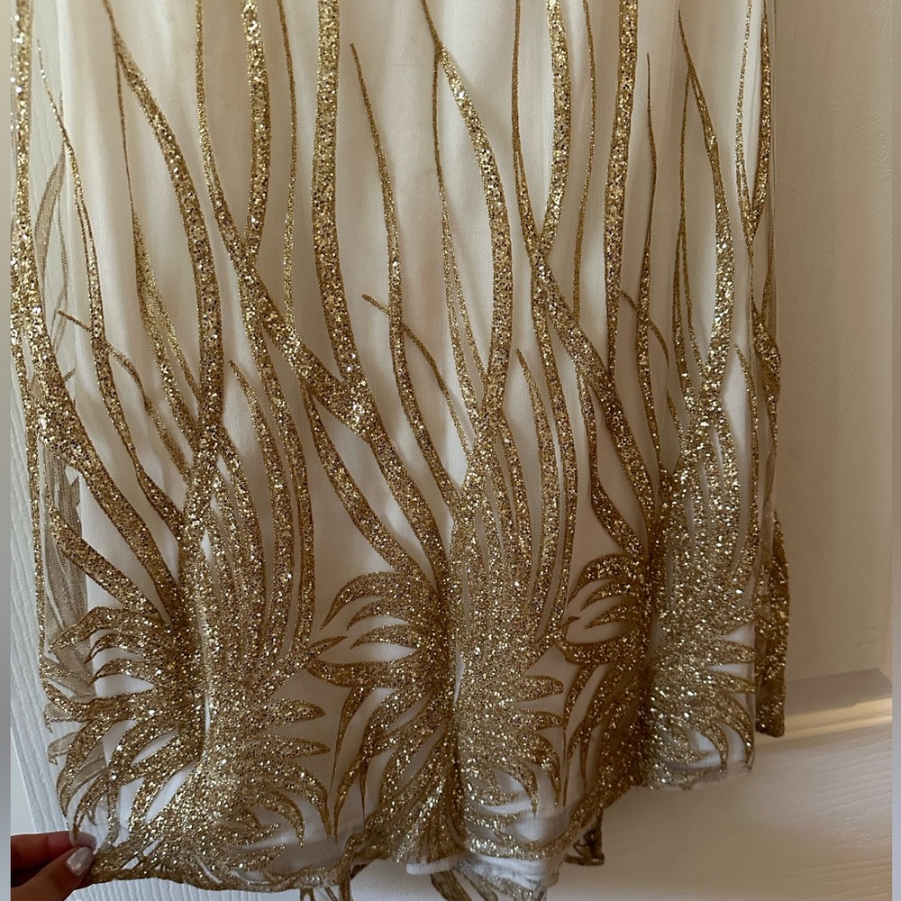 Beautiful Designer Long strapless dress, white with gold sparkles, size 8